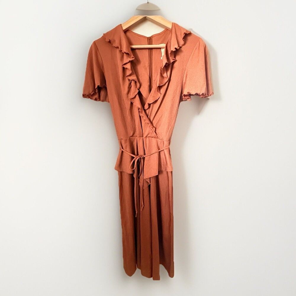 Vintage 70s Faux Wrap Midi Coral Dress Nylon Belted Retro Party Disco Ruffle 11